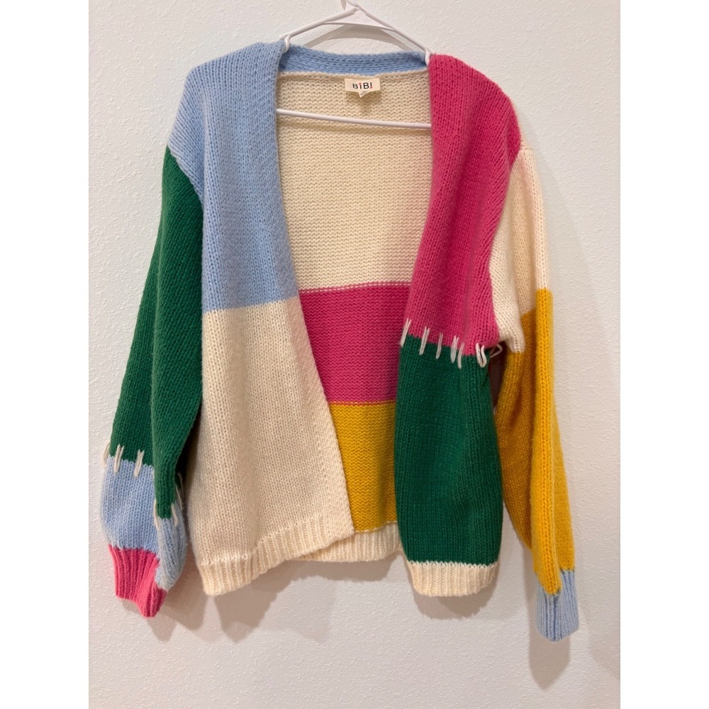 BiBi Kidcore Cardigan M Colorblock Patchwork Knit Dopamine Dressing Boho Sweater - Picture 2 of 14